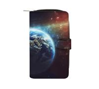 GHBNK Portefeuille long en cuir pour femme - Portefeuille patriotique vieux rouge avec 12 porte-cartes - Grande capacité - Poche pour pièces de monnaie, Space Planet Earth, 19.7x11x3.5cm