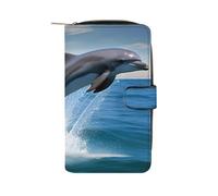 GHBNK Portefeuille long en cuir pour homme - Motif phénix du feu et de l'eau - Avec 12 porte-cartes - Grande capacité - Poche pour pièces de monnaie, Sauter les dauphins, 19.7x11x3.5cm