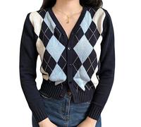 GHBOTTOM Pull Femme Automne Manches Longues Cardigan Tricoté Style Preppy Vintage Argyle Plaid Chandail Manteau Simple boutonné Slim Crop Top Outwear - - M