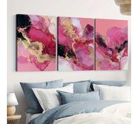 gheasruh Tableau abstrait moderne sur toile rose, or et noir - Effet éclaboussures, texturé, horizontal, décoration murale pour salon (70 x 90 cm x 3 / Sans cadre)