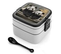 GHENBLT Deux grands pandas Boîte à bento empilable à 2 couches réutilisables et étanches pour adultes avec cuillère - Passe au micro-ondes et au lave-vaisselle