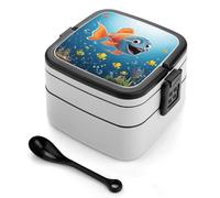 GHENBLT Fish Under The Sea Boîte à bento empilable à 2 couches réutilisables et étanches pour adultes avec cuillère - Passe au micro-ondes et au lave-vaisselle