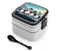 GHENBLT Five Cute Penguins Boîte à bento empilable à 2 couches pour adultes - Réutilisables et étanches - Pour voyage - 935,5 g - Avec cuillère - Passe au micro-ondes et au lave-vaisselle