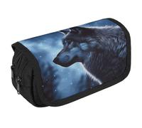 GHENBLT Lonely Wolf Trousse à crayons de grande capacité avec 3 compartiments pour papeterie de bureau - Grande trousse à crayons en tissu avec fermeture éclair pour adultes - Noir