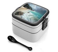 GHENBLT Serene Coastal Boîte à bento empilable à 2 couches réutilisables et étanches pour adultes - Boîte à déjeuner avec cuillère - Passe au micro-ondes et au lave-vaisselle - 935,5 g