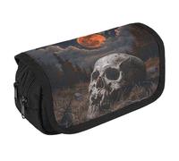 GHENBLT Trousse à crayons de nuit et tête de mort de grande capacité avec 3 compartiments pour papeterie de bureau, grande trousse à crayons avec fermeture éclair en tissu pour adultes (noir)
