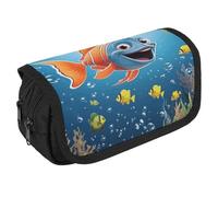 GHENBLT Trousse à crayons Fish Under The Sea de grande capacité avec 3 compartiments pour papeterie de bureau, grande trousse à crayons avec fermeture éclair en tissu pour adultes (noir)