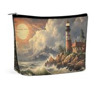 GHENBLT Trousse de maquillage de voyage imperméable, trousse de maquillage en cuir synthétique, motif vague de la côte et phare, petite trousse de toilette mignonne, pochette portable à fermeture