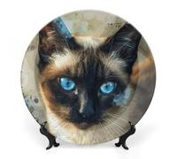 GHEPSDW Assiette décorative en porcelaine anglaise avec support de présentation, ornements en céramique pour décoration murale pour la maison, le bureau, l'art du chat siamois imprimé