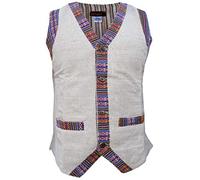 Gheri pour des Hommes Contraste Frontière Boho Unique Poitrine Coton Chanvre Gilet Gris X-Large