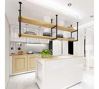 GHFXSCV Étagère de Plafond à 2 Niveaux - Étagère à vin Murale en Bois Massif et métal pour Cuisine/Bar, Rangement Multifonctionnel à Suspendre pour Plantes et décoration