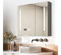 GHHDPDMJ Miroir cosmétique en Bois avec Compartiment de Rangement, Miroir de Maquillage Intelligent avec éclairage antibuée, lumières LED, Miroir HD, Affichage de l'heure et de la température, 3 coul