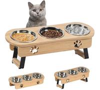 GHIAKQYT Bol relevé pour chats - Mangeoire avec 3 bols réglables en hauteur, support en acier inoxydable pour nourriture (bambou jaune)
