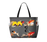 Ghjkfbf Carpes koï traditionnelles avec imprimé à pois - Grande capacité - Sac de voyage pour la famille - Sac fourre-tout de plage pour femme avec poches zippées
