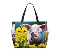 Ghjkfbf Sac de voyage de plage de grande capacité avec imprimé cochon de viol pour la famille, sac fourre-tout de plage pour femme avec poches à fermeture éclair