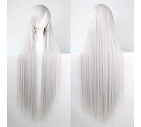GHK 100 cm Mode Pas Cher Droit Longue Perruque Cosplay Noir Argent Blanc Blanc Rouge Bleu Violet Rose Vert Synthétique Perruques Cheveux Pour Femmes argent