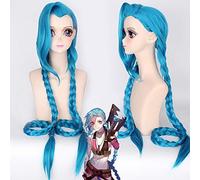 GHK 120 cm LOL Jinx Anime Cosplay Perruque Femmes Synthétique Long Bleu Double Tresse Queue De Cheval Cheveux Pour Halloween Costume Partie