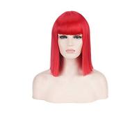 GHK 14 pouces Synthétique Bob Perruque Blonde Vert Rouge Rose Bleu Rose Noir Perruques Pour Les Femmes Anime Cosplay Cheveux Raides Bangs Résistant À La Chaleur rouge