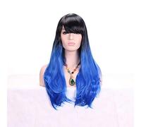 GHK 28 pouces Mode Noir Blonde Perruque Ombre Avec Une Frange Synthétique Cheveux Anime Cosplay Long Perruques Ondulées Pour Les Femmes Résistant À La Chaleur bleu
