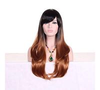 GHK 28 pouces Mode Noir Blonde Perruque Ombre Avec Une Frange Synthétique Cheveux Anime Cosplay Long Perruques Ondulées Pour Les Femmes Résistant À La Chaleur brun