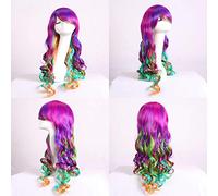 GHK 28 pouces Pas Cher Halloween Lolita Perruques Colorées Pour Les Femmes Synthétique Anime Cosplay Arc-En-Cheveux Longue Perruque Ondulée Avec Une Frange