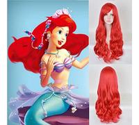 GHK 70cm Anime La Petite Sirène Princesse Ariel Cosplay Perruque Halloween Play Perruque Partie Scène Synthétique Rouge Ondulé Cheveux