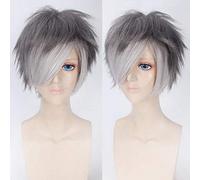 GHK 8 pouces Fluffy Gris Argent Court Ombre Perruque Hommes Anime Cosplay Halloween Costume Perruques Cheveux Synthétiques Résistant À La Chaleur