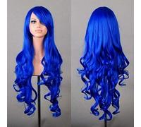GHK 80 cm Mode Bleu Violet Rouge Noir Longue Ondulée Perruque Synthétique Lolita Anime Cosplay Femme Perruques Pour Halloween Costume Party 13 Couleurs bleu foncé