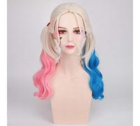 GHK Anime Batman Suicide Squad Harleen Quinzel Perruque Cosplay Cheveux Synthétiques Costume D'Halloween Queue De Cheval Perruques Pour Femmes Perucas + Bonnet Rose Queue De Cheval Bleu
