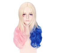 GHK Anime Batman Suicide Squad Harleen Quinzel Perruque Cosplay Synthétique Cheveux Halloween Costume Queue De Cheval Perruques Pour Femmes Perucas + Bonnet rose bleu