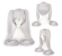 GHK Anime Vocaloid Hatsune Miku Perruque Noir Rock Shooter Senbon Zakura Perruque Cosplay Longue Synthétique Puce de Cheveux Ponytails + Chapeau De Perruque argent blanc