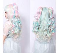 GHK Anime VOCALOID Miku coloré Harajuku Lolita Curly Cosplay Perruque Costume Perruques Cheveux Synthétiques Avec Double Clip Ponytails coloré 2