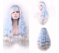 GHK De Mode Lolita Maïs Blanchissant Longue Ondulée Bleu Clair Blanc Ombre Perruque Cosplay Costume Parti Perruques Pour Femmes Haute Température Fibre