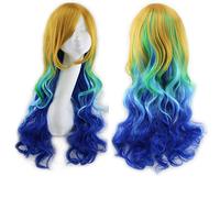 GHK Harajuku Lolita Bleu Rose Ombre Perruques Cheveux Pour Femmes Pas Cher Anime Cosplay Longue Ondulée Perruque Synthétique Avec Des Franges Pour Le Costume Party jaune bleu