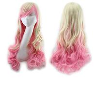 GHK Harajuku Lolita Bleu Rose Perruque de Cheveux Ombre Pour Femmes Pas Cher Anime Cosplay Longue Ondulée Perruque Synthétique Avec Des Franges Pour Le Costume Party blond rose