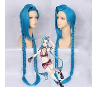 GHK League of Legends LOL Jinx Cosplay Perruque Bleu Double Queue De Cheval Tresses Filles Longue Perruques Synthétiques De Cheveux Pour La Fête De Halloween