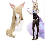 GHK League Of Legends Perruque Cosplay Ahri Avec Deux Oreilles Neuf Queue Renard KDA LOL 85cm Perruques Synthétiques Cheveux Perucas Haute Température Fibre