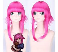 GHK LOL League Of Legends Annie Anime Cosplay Perruque Avec Bangs Synthétique Cheveux Couches Fuffy Rose Rouge Halloween Costume Femme Perruques