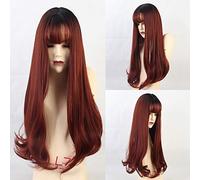GHK Longue Vague Perruques Avec Bangs Cosplay Perruques Femme Naturel Synthétique Noir Dégradé Vin Rouge Perruques Résistant À La Chaleur Fibre Perruques