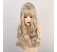 GHK Longue Vague Perruques Avec Une Frange Blonde Femmes Brun Perruques Synthétiques Ondulées Cosplay Perruques Cheveux Naturels Résistant À La Chaleur Fibre Perruques
