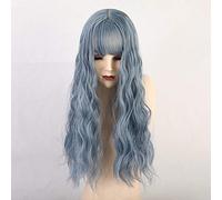 GHK Mince Bangs Longue Gris Bleu Naturel Bouclé Synthétique Perruques De Mode Cosplay Perruques Gradient Haute Température Fibre De Femmes Perruques # 1