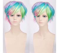 GHK Mode Pas Cher Coloré Court Homme Perruque Cheveux Synthétiques Arc-En-Couleur Couleur Halloween Costume Parti Rôle Anime Cosplay Perruques + Perruque Cap
