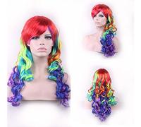 GHK Mode Pas Cher Longue Ondulée Perruque Arc-En-Cosplay Costume Coloré Synthétique Perruques De Cheveux Pour Les Femmes + chapeau de perruque