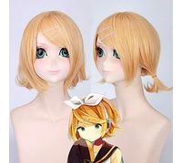 GHK Synthétique Courte Perruque Blonde Cosplay Vocaloid Kagamine Rin Avec Deux Petites Queues De Poney Femelle Perruques Pour Hommes