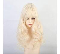 GHK Synthétique Longues Perruques Ondulées Avec Des Franges Blonde Beige Perruques Pour Femmes Ondulées Cosplay Perruques De Cheveux Naturel Résistant À La Chaleur Fibre Perruques