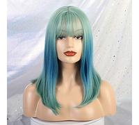 GHK Synthétique Perruques De Cheveux Raides Avec Des Franges Menthe Vert Gradient Bleu Perruques Naturelles Pour Les Femmes Cosplay Perruques Résistant À La Chaleur Fibre Perruques