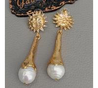 GHNQBAHID 12x38MM White Nucleated Baroque Pearl Pearl Yellow Gold color Edge Stud Earrings