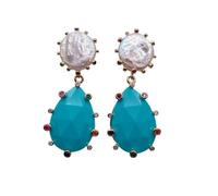 GHNQBAHID 16mm Cultured White Coin Pearl 20x30mm Blue Pave Teardrop Dangle Earrings