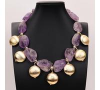GHNQBAHID 18" Purple Amethyst Ametrine Rough Necklace Big Gold Brushed Coin Beads Pendant For Women