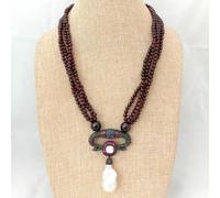GHNQBAHID 19'' 4 Strands Round Garnet Necklace White Keshi Pearl Pendant